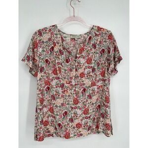 Adrienne Vittadini Floral Print Blouse V-Neck Short Sleeve Top Size S‎